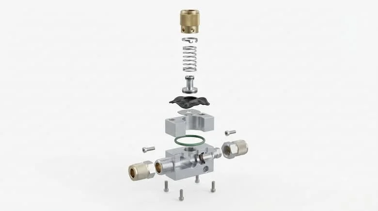 Hình ảnh kỹ thuật 3D chi tiết cao của một van xả nhanh, thể hiện tất cả các bộ phận bên trong bao gồm thân van bằng nhôm, màng ngăn, van poppet, lò xo, gioăng, vòng chữ O, các cổng ren, cửa hút khí, cửa thoát khí và cổng xả