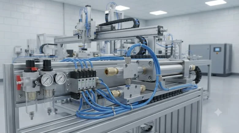 Hệ thống tự động hóa khí nén công nghiệp hiện đại được trang bị van xả nhanh lắp đặt trực tiếp trên xi lanh khí nén