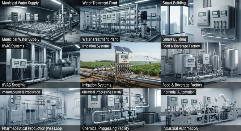 một bức tranh ghép công nghiệp chân thực thể hiện các bộ điều khiển đường ống nước được sử dụng trong hệ thống cấp nước đô thị, nhà máy xử lý nước, tòa nhà thông minh, hệ thống HVAC, hệ thống tưới tiêu, nhà máy thực phẩm và đồ uống, sản xuất dược phẩm, cơ sở chế biến hóa chất và tự động hóa công nghiệp