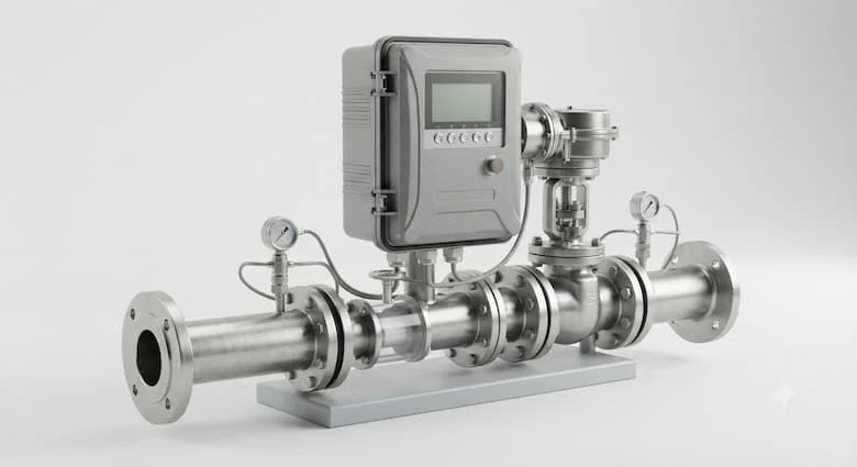 bản dựng 3D sản phẩm siêu thực của bộ điều khiển đường ống nước công nghiệp với bộ điều khiển điện tử thông minh, van điều khiển bằng động cơ, màn hình LCD kỹ thuật số, cảm biến áp suất và lưu lượng, các kết nối đường ống bằng thép không gỉ và vỏ chống thấm nước hiện đại