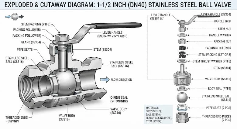 hình minh họa chi tiết mặt cắt của van bi 1-1/2 inch (DN40), thể hiện tất cả các bộ phận bên trong bao gồm thân van, bi thép không gỉ, trục van, gioăng PTFE, vòng đệm, miếng đệm, tay gạt, đầu ren và toàn bộ đường dẫn dòng chảy.