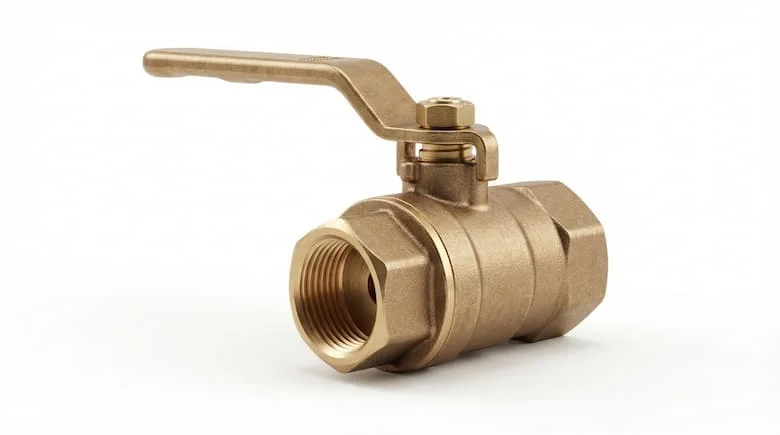 Van bi bằng đồng thau 1/2 inch chân thực như ảnh chụp, tay cầm bằng đồng thau, góc 3/4, thân bằng đồng thau, cần gạt bằng đồng thau, các mối nối ren, phông nền studio màu trắng