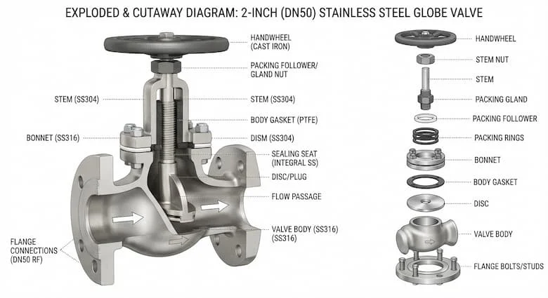 hình minh họa chi tiết mặt cắt của một van công nghiệp 2 inch (DN50), thể hiện tất cả các bộ phận bên trong bao gồm thân van, trục van, đế van, đĩa hoặc bi, nắp van, vòng đệm, gioăng, các mối nối mặt bích và đường dẫn dòng chảy.