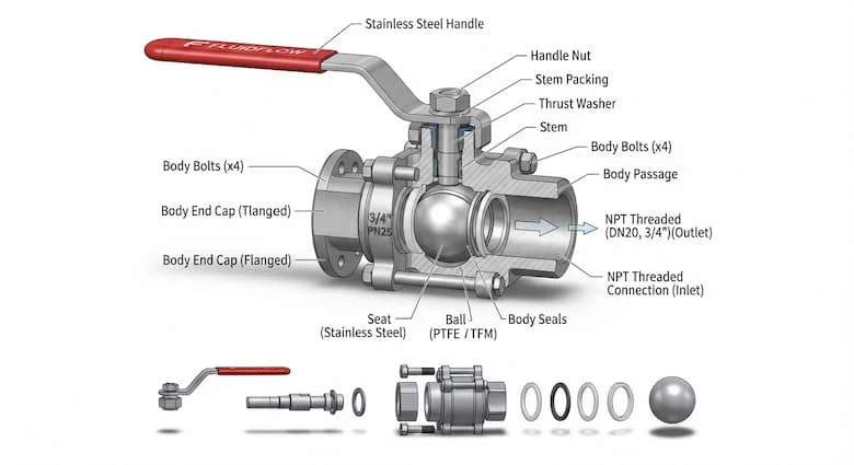 hình minh họa mặt cắt chi tiết của một van 20mm (DN20, 3/4 inch), thể hiện các bộ phận bên trong bao gồm thân van, bi/đĩa, trục van, đế van, gioăng, các mối nối ren, tay cầm và đường dẫn dòng chảy.