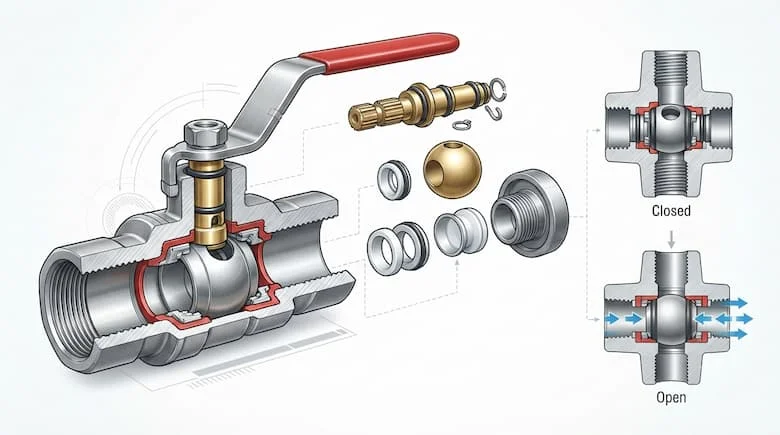 ình minh họa kỹ thuật chi tiết dạng cắt ngang của van ngắt khí được sử dụng trong hệ thống khí nén. Thể hiện rõ mặt cắt ngang của thân van với các bộ phận bên trong, bao gồm thân van, cổng nạp, cổng xả, cơ cấu ngắt, trục van, các bộ phận làm kín, tay cầm