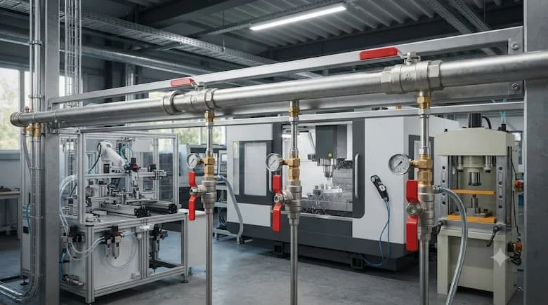 một cảnh công nghiệp thực tế thể hiện các van ngắt khí được lắp đặt trong hệ thống khí nén hiện đại bên trong một nhà máy