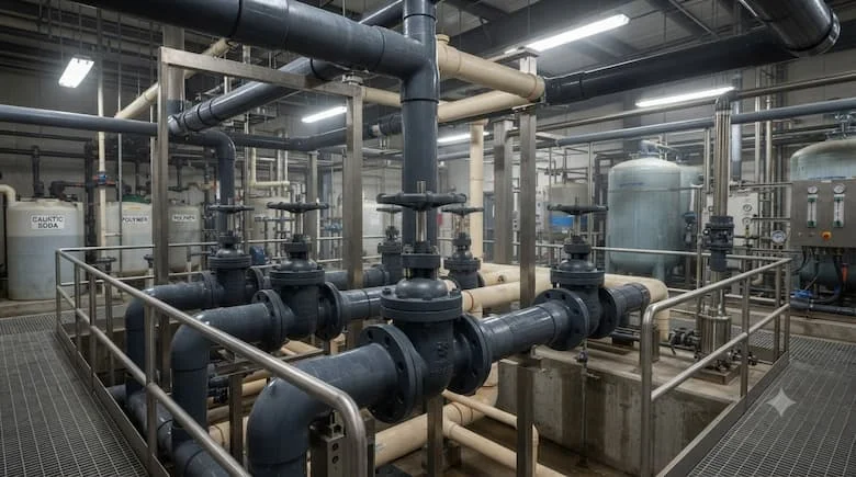 Van cổng nhựa Asahi được lắp đặt trên đường ống PVC/CPVC công nghiệp trong một nhà máy xử lý nước và hóa chất, môi trường công nghiệp chân thực