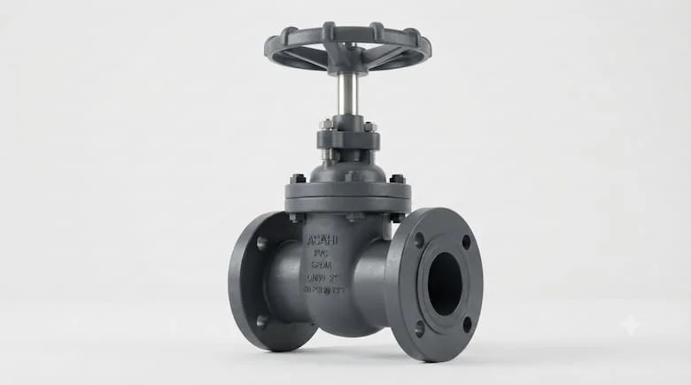 Van cổng Asahi chân thực, van cổng nhựa PVC/CPVC công nghiệp, vận hành bằng tay quay, hình ảnh sản phẩm sắc nét, nền trắng, chi tiết chân thực