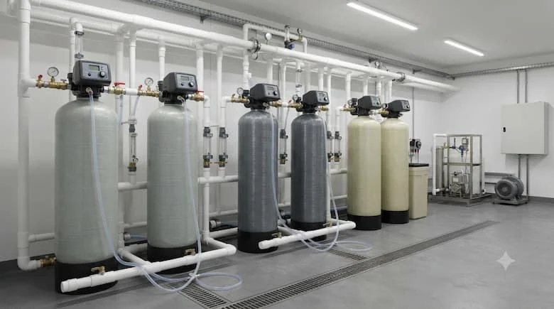 một hệ thống xử lý nước công nghiệp cực kỳ chân thực, thể hiện các van điều khiển tự động (Autovalves) được lắp đặt trên nhiều bể lọc nước thẳng đứng