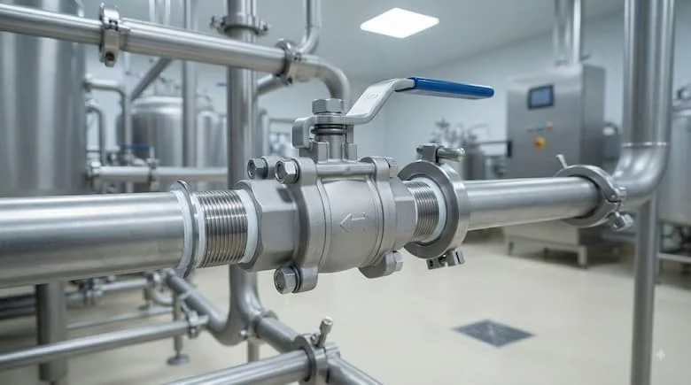 ảnh công nghiệp thực tế thể hiện van bi bằng thép không gỉ SUS 316 được lắp đặt trong hệ thống đường ống thép không gỉ chuyên nghiệp