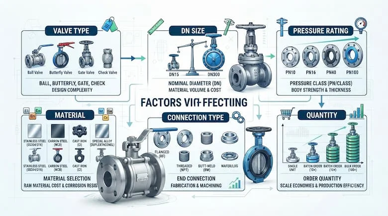 nfographic chuyên nghiệp về công nghiệp thể hiện các yếu tố ảnh hưởng đến giá van KVS: loại van, kích thước DN, định mức áp suất, vật liệu, loại kết nối và số lượng
