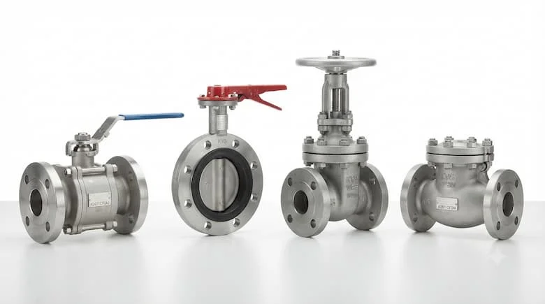 Ảnh chụp sản phẩm công nghiệp chân thực của các loại van công nghiệp KVS, bao gồm van bi, van bướm, van cổng và van một chiều, được sắp xếp chuyên nghiệp