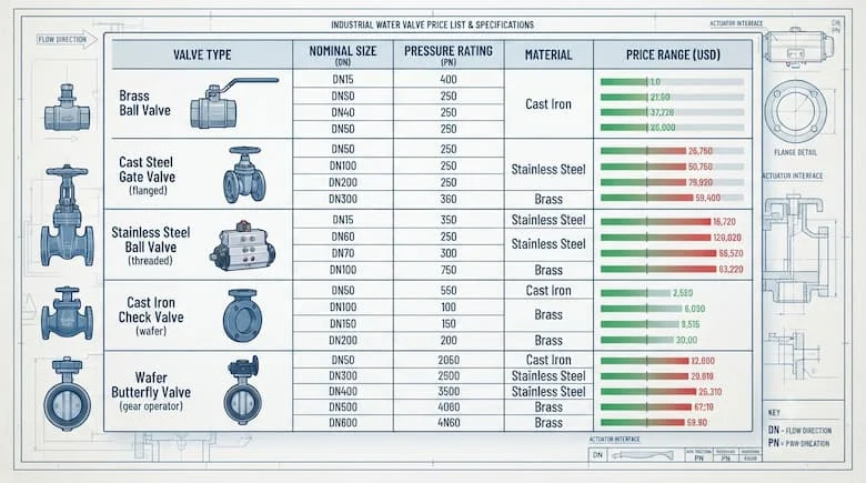 nfographic bảng giá van nước công nghiệp chuyên nghiệp, thể hiện các loại van, kích thước khác nhau và so sánh giá cả, bố cục hiện đại, rõ ràng, theo phong cách bản vẽ kỹ thuật