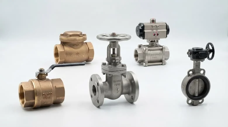 Ảnh sản phẩm chuyên nghiệp về các loại van nước công nghiệp, bao gồm van bi, van cổng, van bướm và van một chiều, nền trắng sạch, ánh sáng studio,