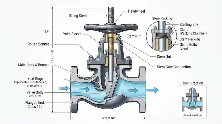 Sơ đồ mặt cắt kỹ thuật của van cổng BB OS&Y, thể hiện nắp van bắt vít, vít ngoài, càng van, trục nâng, cánh van, thân van và các bộ phận làm kín