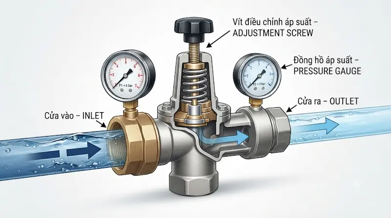 Nguyên lý hoạt động và cấu tạo bên trong của van giảm áp