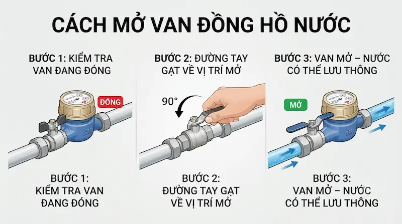 Các bước chi tiết trong quy trình đóng mở van đồng hồ nước