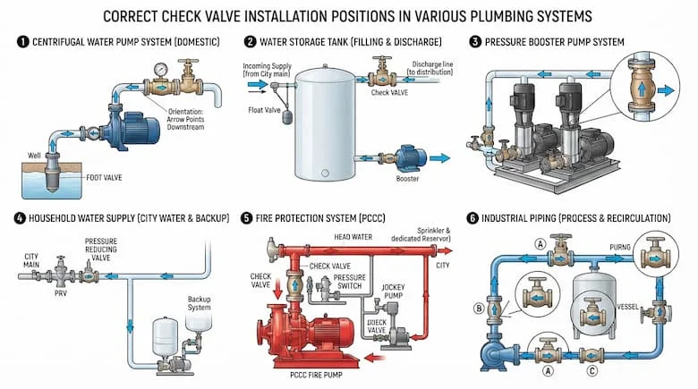 Sơ đồ kỹ thuật thể hiện vị trí lắp đặt chính xác của van một chiều trong các hệ thống đường ống khác nhau, bao gồm bơm nước ly tâm, bể chứa nước, bơm tăng áp, hệ thống cấp nước sinh hoạt, hệ thống phòng cháy chữa cháy (PCCC) và đường ống công nghiệp