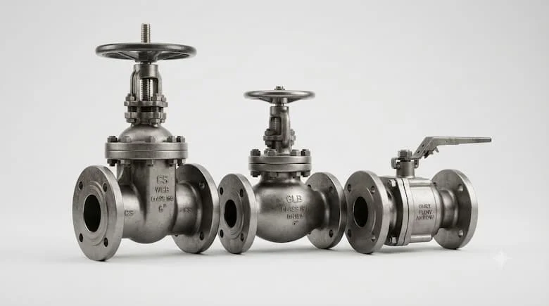 Ảnh sản phẩm chuyên nghiệp về van đúc công nghiệp, bao gồm van cổng thép đúc, van cầu và van bi, kết cấu kim loại chân thực, nền trắng sạch, ánh sáng studio