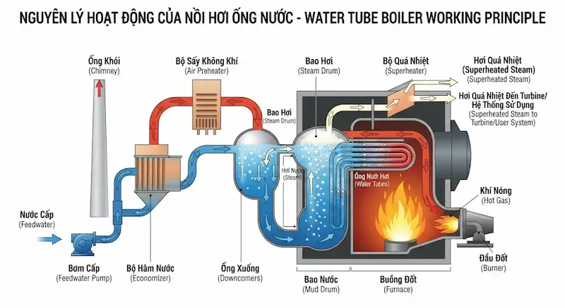 Nguyên lý hoạt động bên trong của nồi hơi ống nước