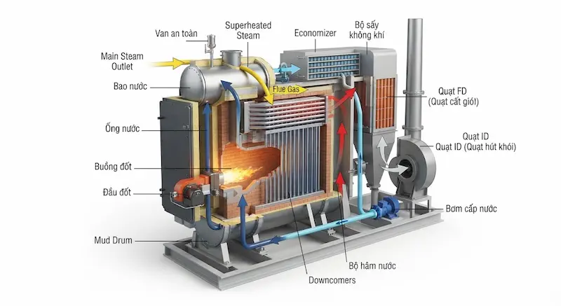 Giớ thiệu chi tiết cấu tạo của nồi hơi ống nước