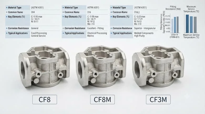 Hình ảnh đồ họa kỹ thuật chuyên nghiệp so sánh các vật liệu thép không gỉ CF8, CF8M và CF3M, ba loại thân van đúc công nghiệp đặt cạnh nhau, nhãn vật liệu rõ ràng