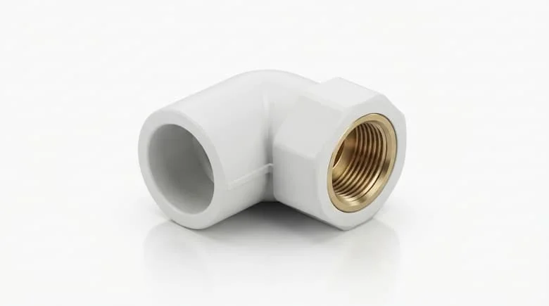 Ảnh sản phẩm độ phân giải cao của một khớp nối khuỷu ống 90 độ ren trong DN15 (21mm) làm bằng PVC với phần chèn ren trong bằng đồng thau