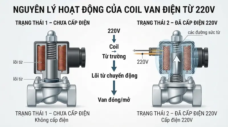 Nguyên lý hoạt động và cấu tạo bên trong của coil van điện từ