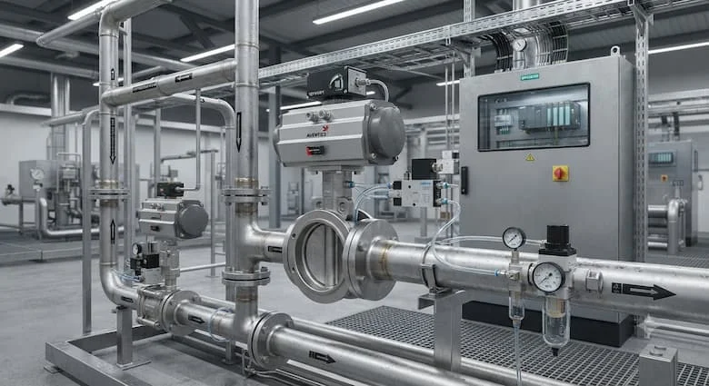 một cảnh tự động hóa công nghiệp thực tế với bộ truyền động khí nén được lắp đặt trên van bướm và van bi bằng thép không gỉ bên trong hệ thống đường ống của một nhà máy hiện đại.