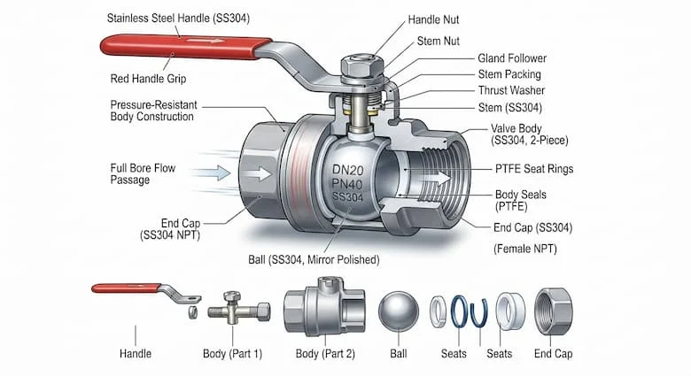 hình minh họa cắt ngang chi tiết của van thép không gỉ DN20 PN40, thể hiện các bộ phận bên trong bao gồm thân van, bi, trục van, gioăng PTFE, vòng đệm, các mối nối ren, tay cầm, đường dẫn dòng chảy và cấu trúc chịu áp lực