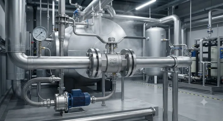 một cảnh lắp đặt công nghiệp thực tế với van thép không gỉ DN20 PN40 được lắp đặt trong hệ thống đường ống áp suất cao