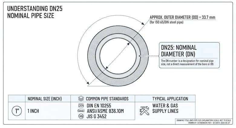 một infographic kỹ thuật chuyên nghiệp giải thích kích thước ống danh nghĩa DN25. Hiển thị mặt cắt ngang của ống DN25 với các kích thước
