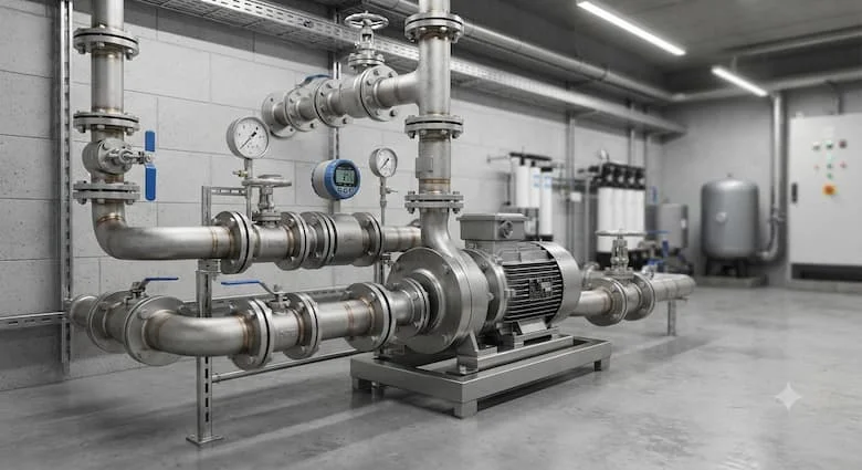 một cảnh lắp đặt công nghiệp thực tế thể hiện các thành phần đường ống DN25 được lắp đặt trong một hệ thống xử lý và bơm nước hiện đại. Bao gồm các ống thép không gỉ DN25, van bi, van cổng, đồng hồ đo áp suất, mặt bích