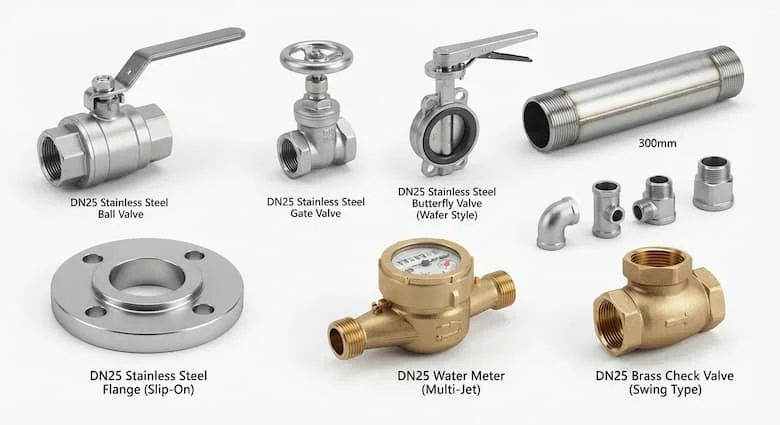 sản phẩm công nghiệp chuyên nghiệp với các thành phần đường ống DN25 thông dụng, bao gồm van bi thép không gỉ DN25, van cổng, van bướm, đoạn ống, mặt bích, phụ kiện ren và đồng hồ đo nước