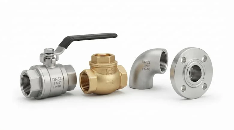 Ảnh sản phẩm chuyên nghiệp về van và phụ kiện đường ống công nghiệp DN32 1 1/4 inch, van bi, van một chiều, cút nối và mặt bích, chất liệu kim loại chân thực