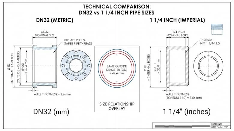 Hình minh họa kỹ thuật so sánh kích thước ống DN32 và 1 1/4 inch, thể hiện kích thước và mối quan hệ giữa các kích thước, nền trắng sạch, bản vẽ công nghiệp chính xác