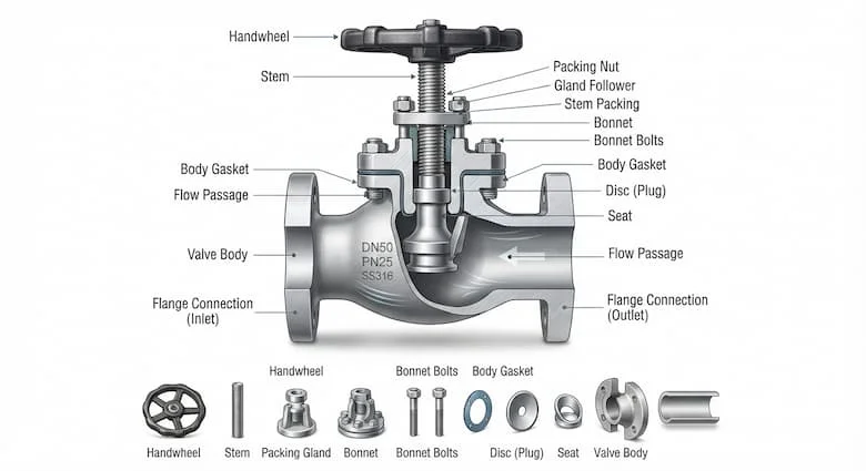 hình minh họa cắt ngang chi tiết của van công nghiệp DN50 PN25, thể hiện tất cả các bộ phận bên trong bao gồm thân van, đĩa hoặc bi, trục, đế van, gioăng, nắp van, các mối nối mặt bích, đường dẫn dòng chảy và cấu trúc chịu áp lực