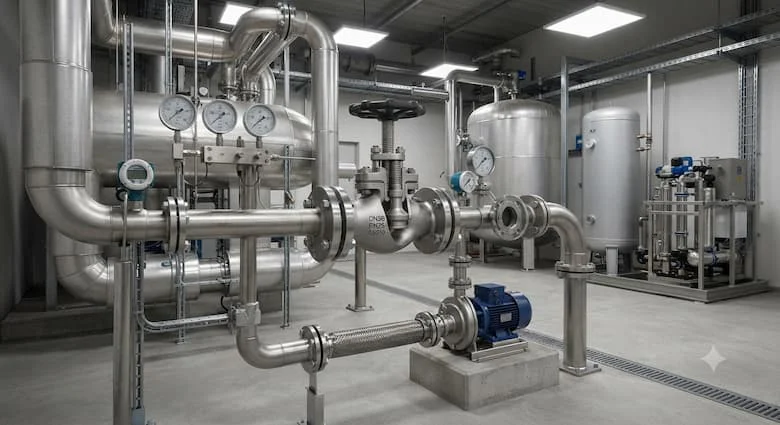 một cảnh lắp đặt công nghiệp thực tế với van DN50 PN25 được lắp đặt trong hệ thống đường ống áp suất cao bên trong một nhà máy sản xuất hiện đại.