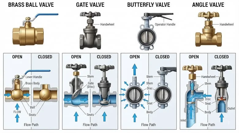 một infographic kỹ thuật chuyên nghiệp thể hiện các loại van nước thông dụng khác nhau và cơ chế đóng mở của chúng.