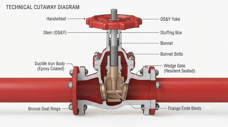Sơ đồ mặt cắt kỹ thuật của van cổng phòng cháy chữa cháy FM, thể hiện thân van, cánh van, trục van, đế van và tay quay