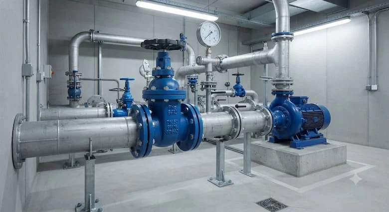 một cảnh lắp đặt công nghiệp thực tế với van cổng lớn được lắp đặt trong hệ thống đường ống của nhà máy xử lý nước