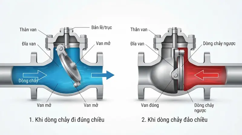 Cấu tạo và nguyên lý hoạt động của van một chiều