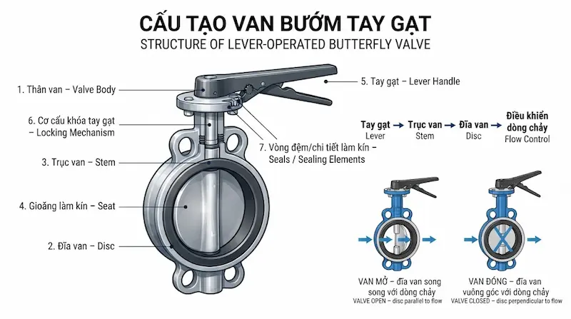 Cấu tạo bên trong và nguyên lý hoạt động của van bướm tay gạt