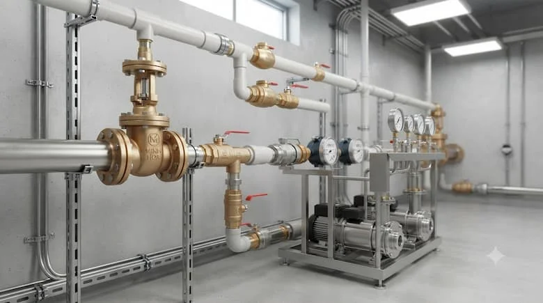 Hệ thống cấp nước công nghiệp và sinh hoạt thực tế sử dụng van đồng Minh Hoa chính hãng được lắp đặt trên đường ống PVC và thép không gỉ sạch sẽ