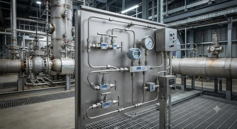 ạo một hệ thống thiết bị đo lường công nghiệp thực tế với các van Hy-Lok được lắp đặt trên ống thép không gỉ trong một nhà máy chế biến dầu khí.