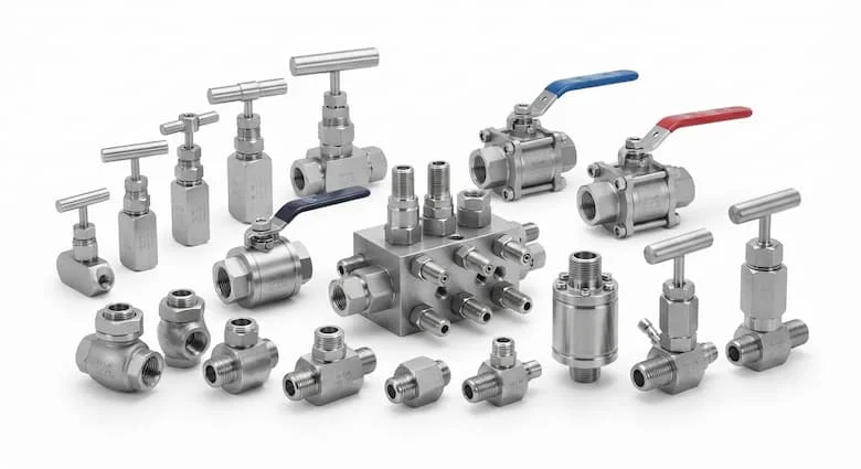 trưng bày sản phẩm chuyên nghiệp giới thiệu bộ sưu tập van đo lường công nghiệp Hy-Lok, bao gồm van kim, van bi, van một chiều, van đa nhánh và van đo áp suất.