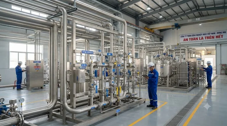 Sản phẩm thép không gỉ và hệ thống đường ống công nghiệp bên trong một nhà máy hiện đại ở Đồng Nai, Việt Nam, ống thép không gỉ, van và phụ kiện, môi trường kỹ thuật thực tế