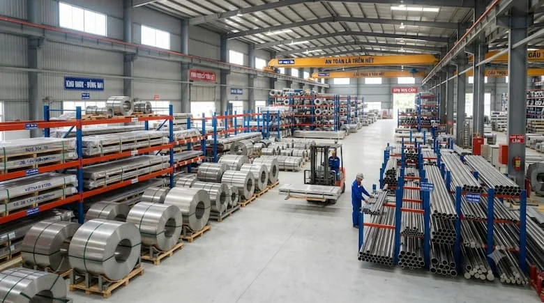 Kho thép không gỉ chuyên nghiệp tại Đồng Nai, Việt Nam, các tấm, cuộn, ống, thanh thép không gỉ được sắp xếp gọn gàng, hình ảnh công nghiệp chân thực