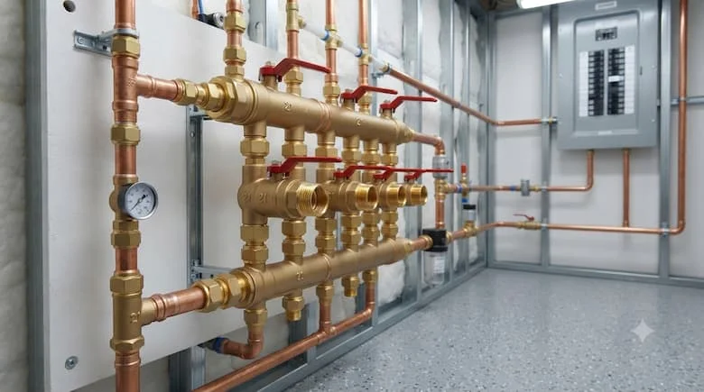 Hệ thống cấp nước sinh hoạt chân thực sử dụng nhiều van nước bằng đồng thau cỡ 21, kết nối với các đường ống nhỏ, môi trường kỹ thuật hiện đại, sạch sẽ, hình ảnh công nghiệp thực tế