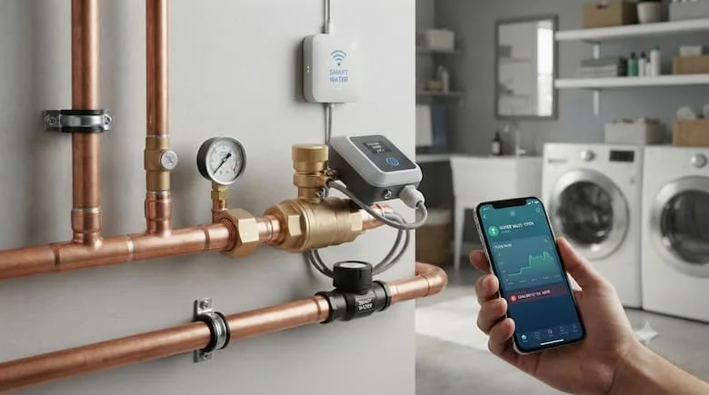 Van khóa nước thông minh thực tế được lắp đặt trên đường ống nước nhà ở, kết nối với hệ thống nhà thông minh và điều khiển bằng điện thoại thông minh, nội thất nhà hiện đại